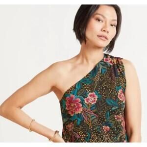 Evereve Azalea Floral Jungle Green Blue One Shoulder Blouse - Size - Small - NWT